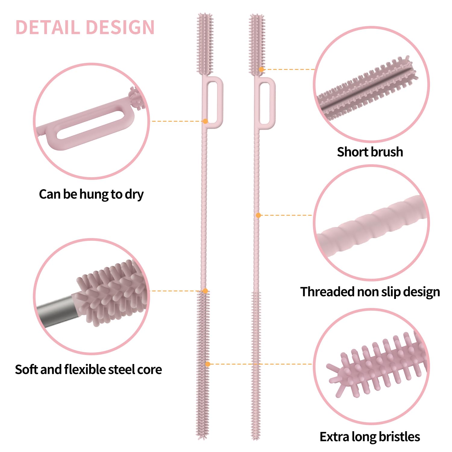 vodvob 2Pcs Premium Silicone Straw Cleaner Brush, 9.84in Extra Long Flexible Straw Cleaning Tool for Glass & Smoothie Straws (Pink, 6mm/9mm)