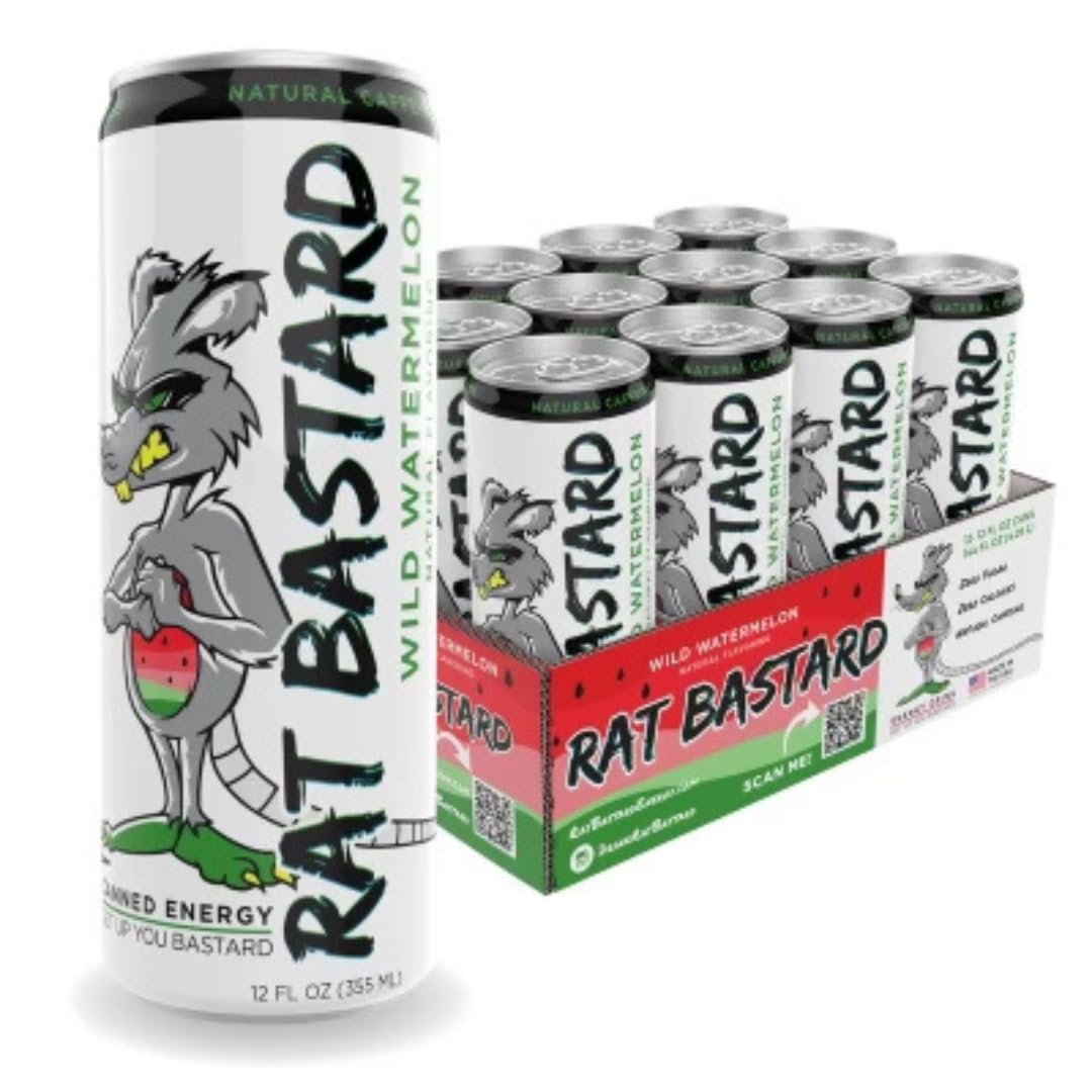 RAT BASTARD Energy Drink - Sugar-Free Caffeinated Beverage, Natural Caffeine to Boost Energy and Focus, Wild Watermelon Flavor, 12 fl oz Can (Case