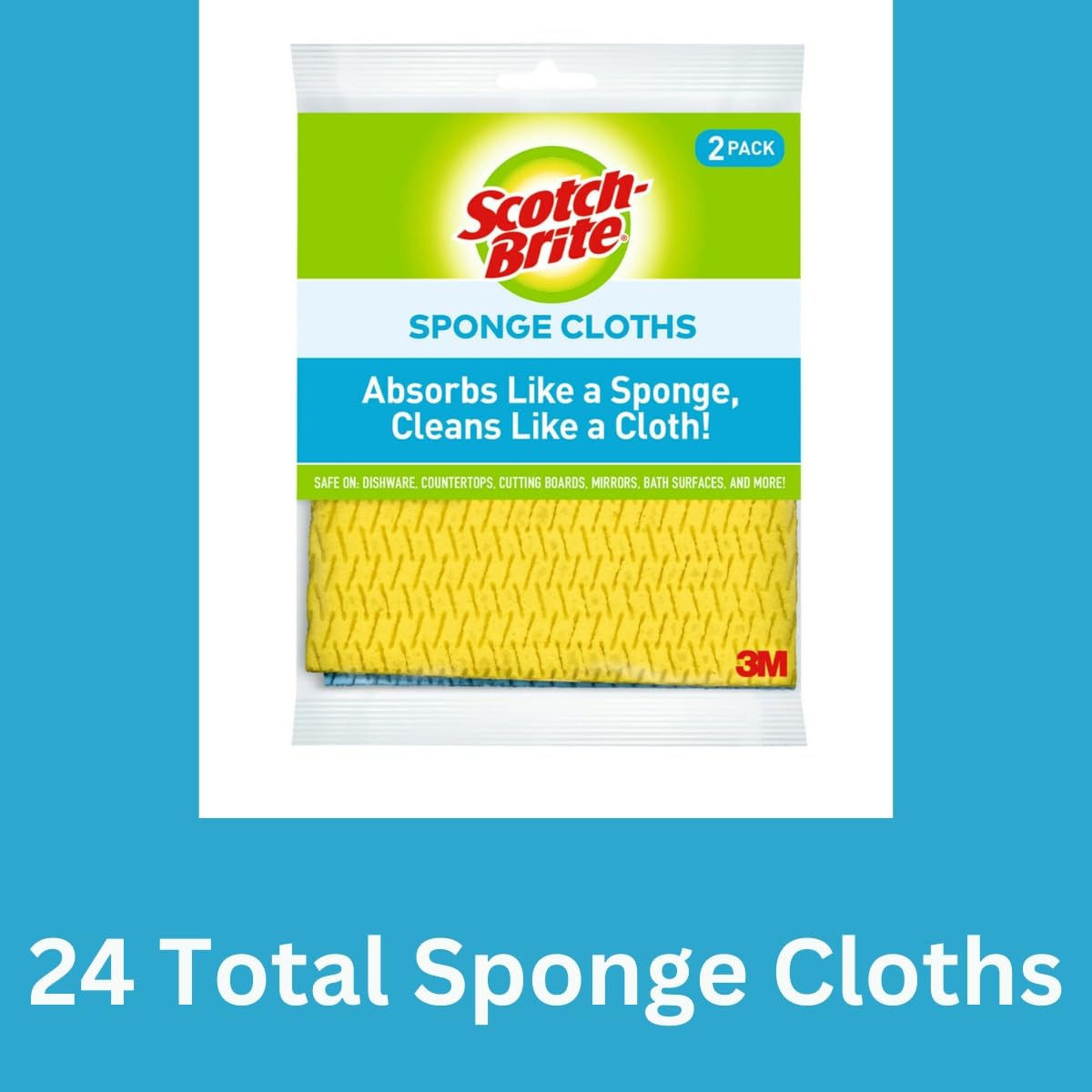 Scotch-Brite Sponge Cloth - 24-Pack (12 Packs of 2 Each), Reusable and Washable, Highly Absorbent, Multi-Purpose Cleaning Cloths