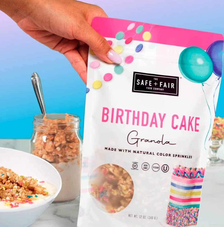 Safe + Fair Birthday Cake Granola - Gluten-Free, Vegan & Plant-Based Snack with Natural Sprinkles - 0g Trans Fat, Non-GMO, Kosher, Allergen-Free
