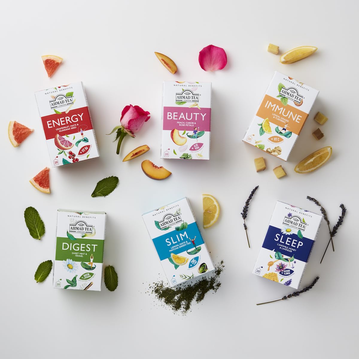Ahmad Tea Natural Benefit Functional Tea Selection Pack | Green teas, Fruit & Herbal Infusions | Perfect herbal tea gift - 60 Teabag Sachets | 6