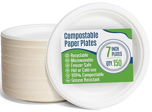 SafeWare White Paper Plates, 7 Inch, 150 Count - Food Grade Sugar Cane Fiber, Compostable & Biodegradable, Microwavable, Hot & Cold Resistant, Heavy