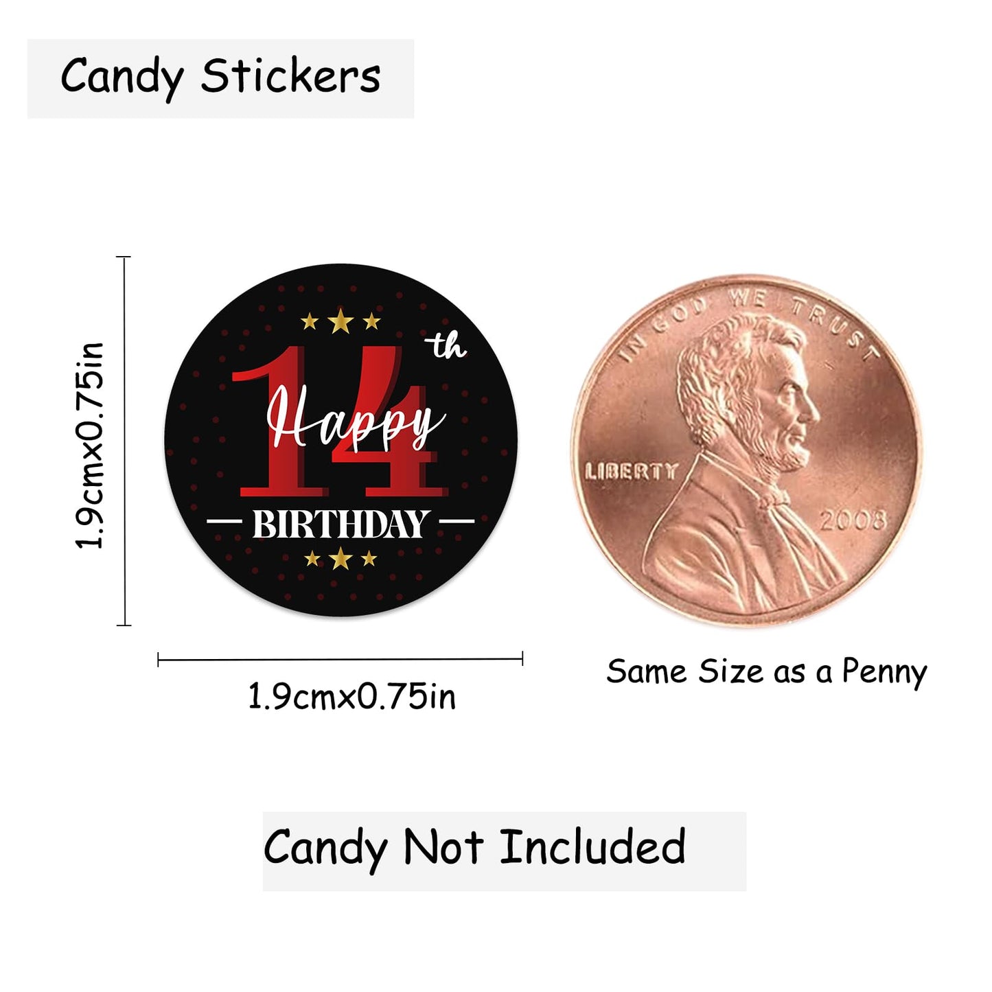 Happy 14th Birthday Party Favor Labels Chocolate Kisses Candy Stickers - Fourteen Years Old Birthday Round Candy Sticker Party Favors - Black and Red