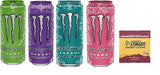 Monster Energy Drink Zero Ultra Variety - Paradise, Violet, Rosa, Fiesta 16 ounce (Pack of 16) and Stinger Pomegranate Passionfruit Chews