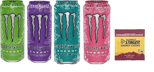 Monster Energy Drink Zero Ultra Variety - Paradise, Violet, Rosa, Fiesta 16 ounce (Pack of 16) and Stinger Pomegranate Passionfruit Chews