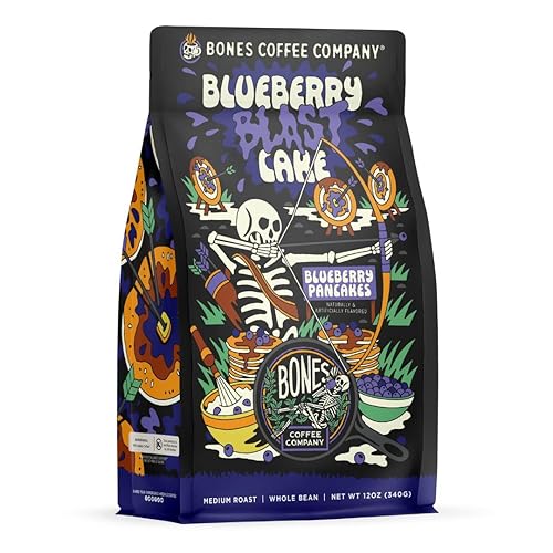 Bones Coffee Company Blueberry Blast Cake, Blueberry Pancakes Flavored Coffee, Medium Roast Low Acid Arabica Beans Compatible with Auto drip