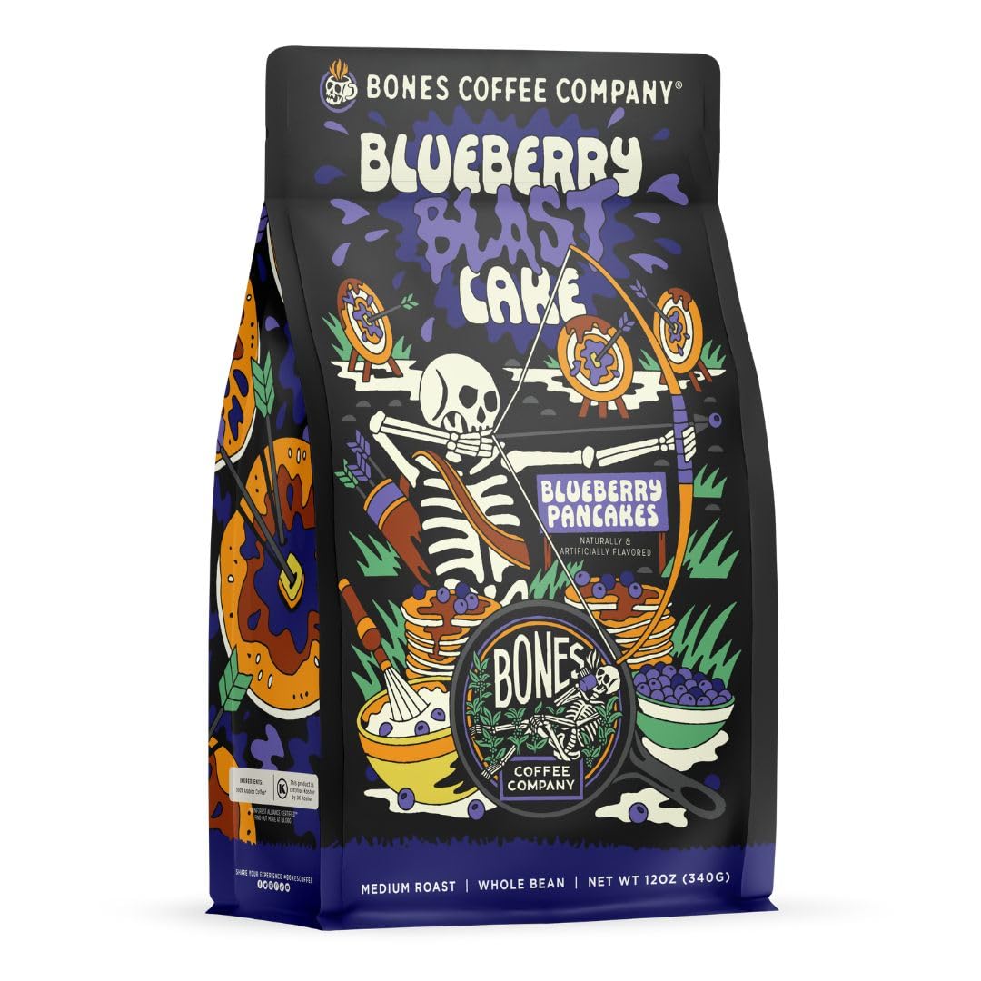 Bones Coffee Company Blueberry Blast Cake, Blueberry Pancakes Flavored Coffee, Medium Roast Low Acid Arabica Beans Compatible with Auto drip
