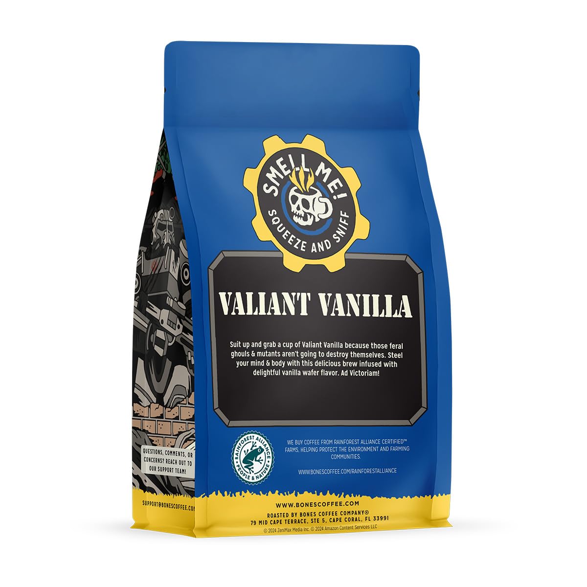 Bones Coffee Company Fallout Valiant Vanilla, Vanilla Wafer Flavored Coffee, Medium Roast Low Acid Arabica Beans Compatible with Auto drip and French