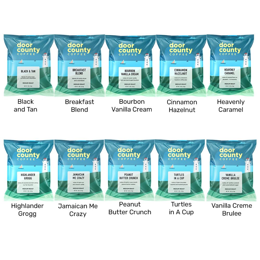Gourmet Flavored Coffee Sampler Pack - 10 Bags of Unique Flavored Coffees - 100% Specialty Grade 1 Arabica -1.5 oz Full-Pot Bags - Roasted by Door