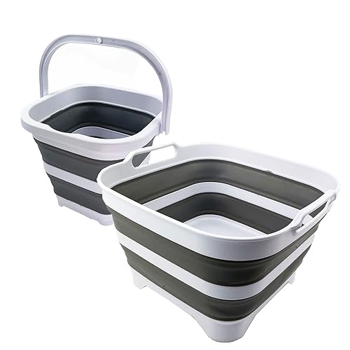 SAMMART 2 pcs. Camping Set : Collapsible Bucket + Portable Dishpan with Draining Plug (Grey, 5L Bucket+10L Dishpan)