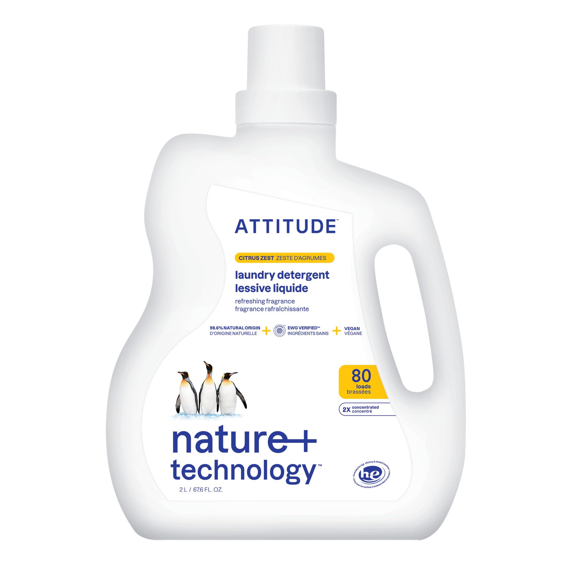 ATTITUDE Liquid Laundry Detergent, EWG Verified, HE Compatible, Plant-Based & Vegan, Natural Laundry Soap, Citrus Zest, 80 Loads, 67.6 Fl Oz