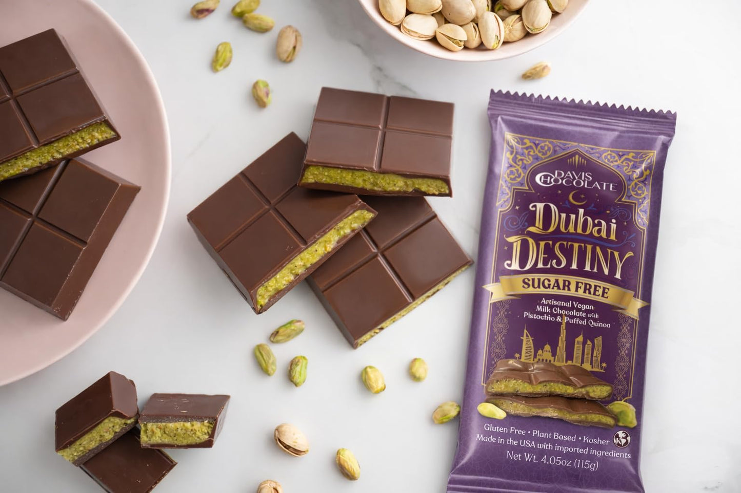 Davis Chocolate Dubai Destiny Sugar Free Vegan Milk Chocolate Bar, Pistachio & Puffed Quinoa, Gluten Free, Kosher, 4.05oz (3 Pack, SF - Milk Vegan)