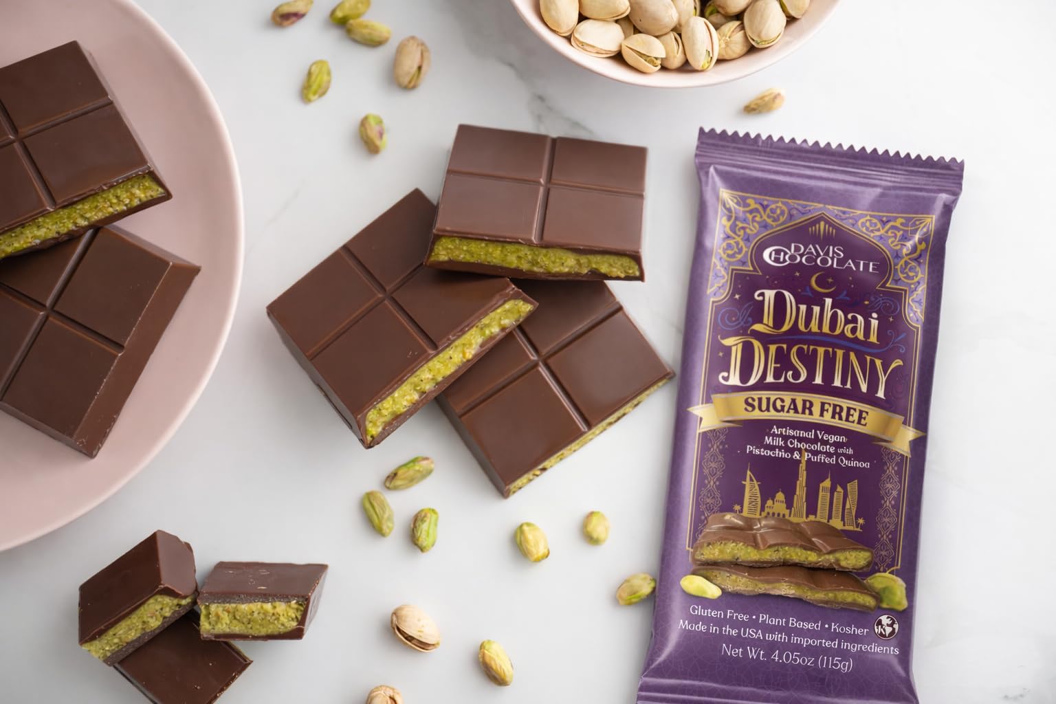Davis Chocolate Dubai Destiny Sugar Free Vegan Milk Chocolate Bar, Pistachio & Puffed Quinoa, Gluten Free, Kosher, 4.05oz (3 Pack, SF - Milk Vegan)
