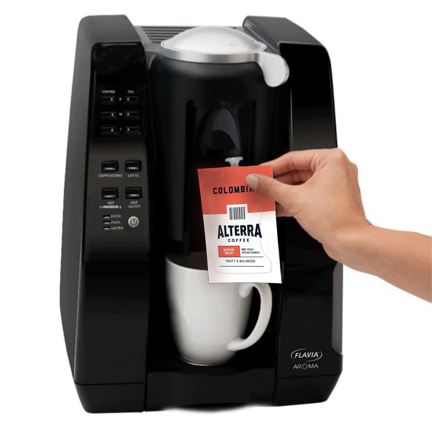 Flavia Small Coffee Brewer : Single Serve, 14.4” x 10.5” x 11.6”, Less counter space. More variety.