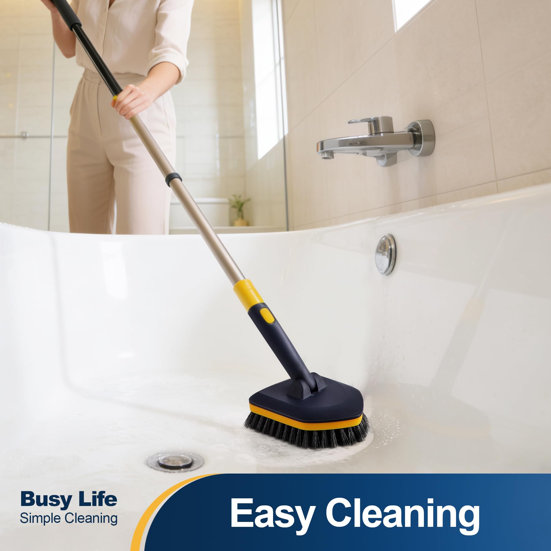 Yocada Tub Tile Scrubber Brush 2 in 1 Cleaning Brush 4*Scouring Pads 58.2 Inch Adjustable Telescopic Pole Stiff Bristles for Cleaning Bathroom Kitchen