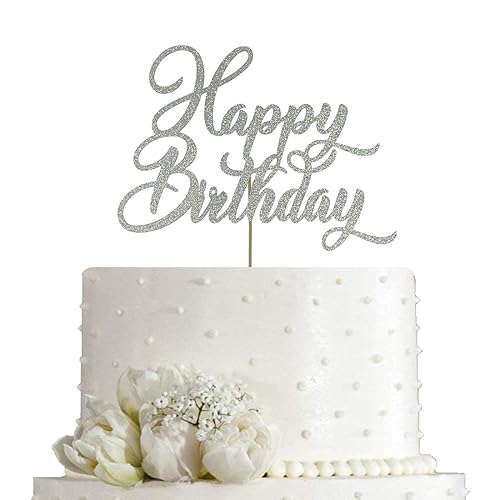 AMINJIE Happy Birthday Cake Topper - Birthday Party Decorations, Double Sided Silver Glitter