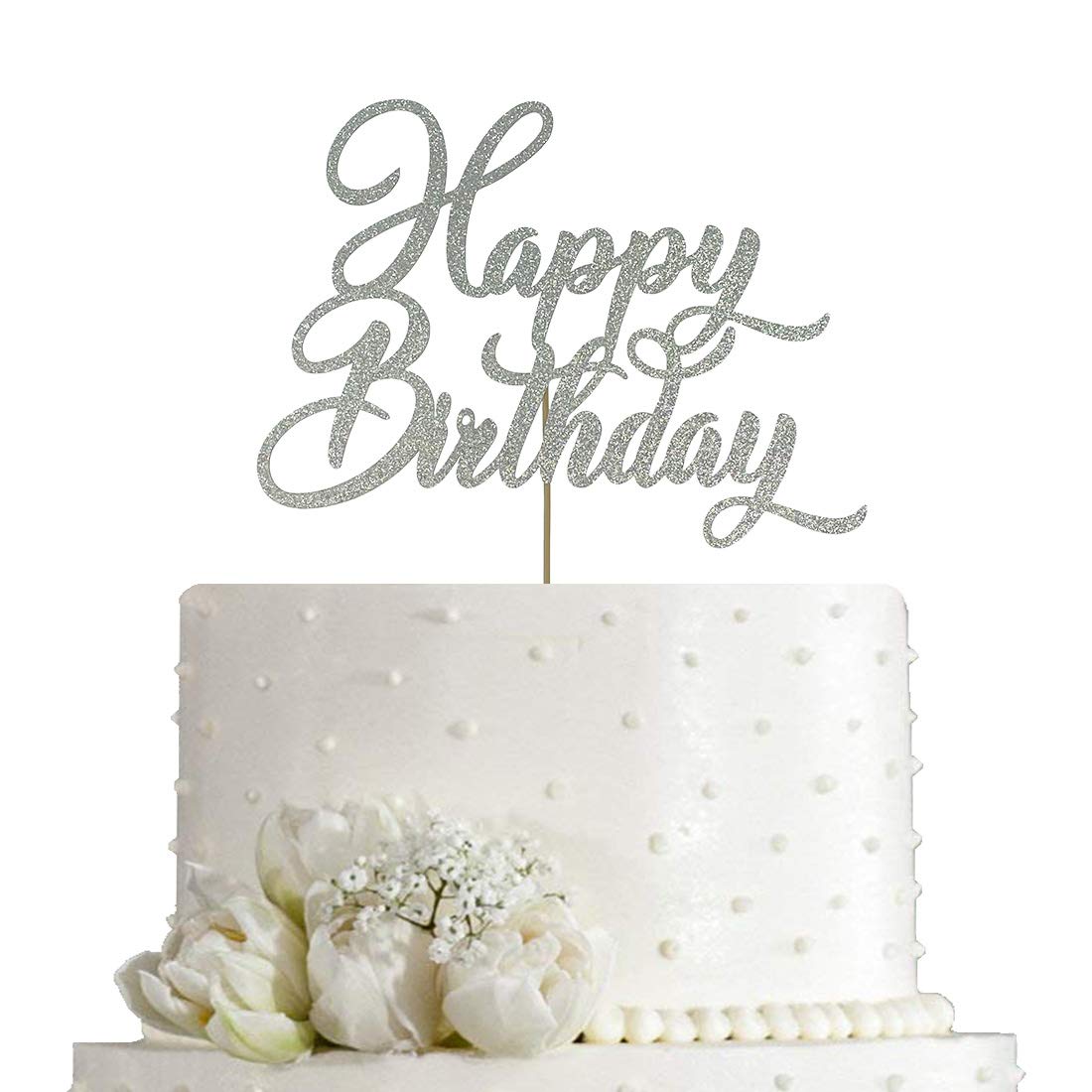 AMINJIE Happy Birthday Cake Topper - Birthday Party Decorations, Double Sided Silver Glitter