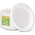 GREENESAGE Small Paper Plates 100 Pack, 7 inch Paper Plates Disposable, 100% Compostable Eco Friendly Plates, Small Dessert Plates White Paper Plates