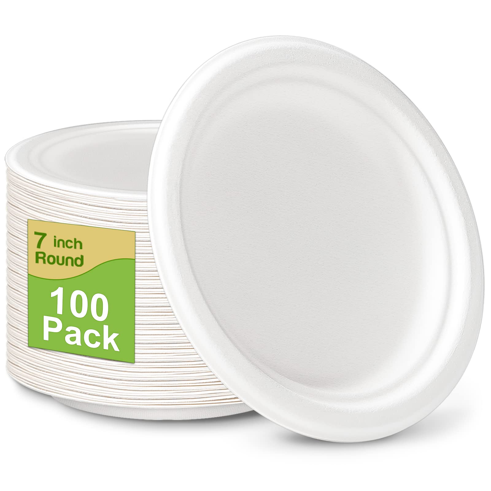 GREENESAGE Small Paper Plates 100 Pack, 7 inch Paper Plates Disposable, 100% Compostable Eco Friendly Plates, Small Dessert Plates White Paper Plates
