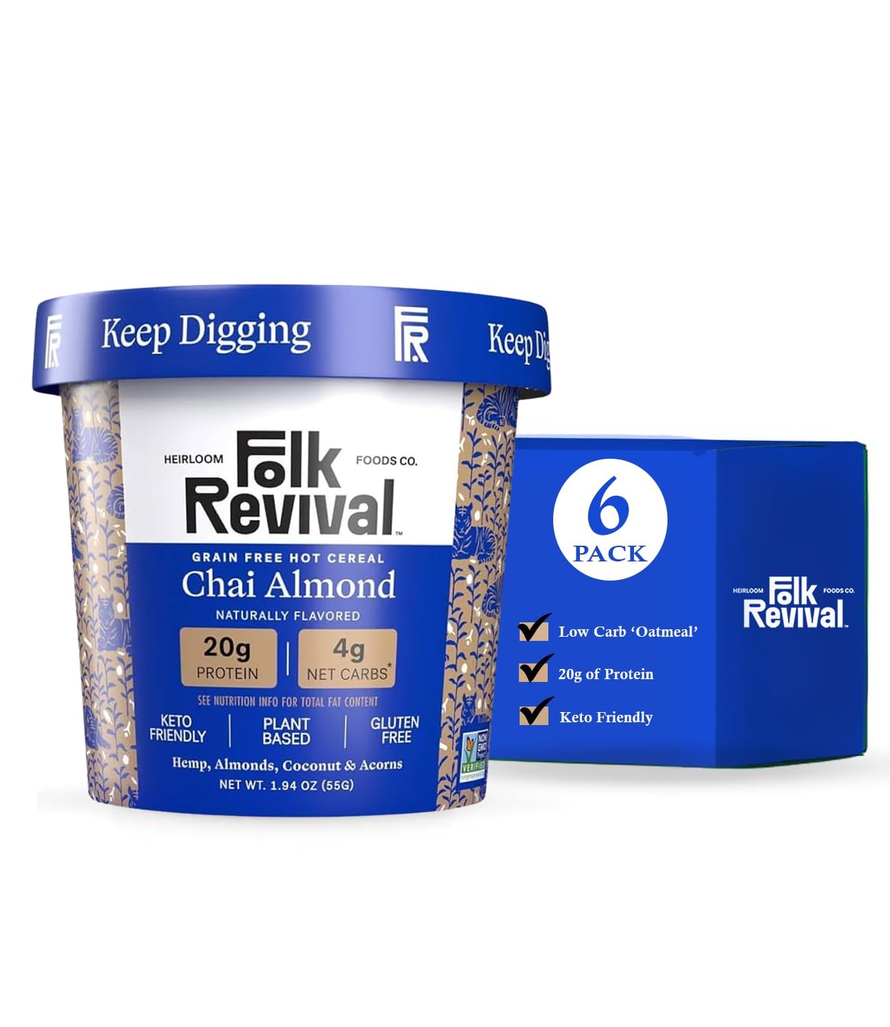Folk Revival Chai Almond Keto Instant 'Oatmeal' - 20g Protein, 4g Net Carbs, High Fiber, Non GMO, Gluten Free, Made with Acorns - 6 Cups Per Case