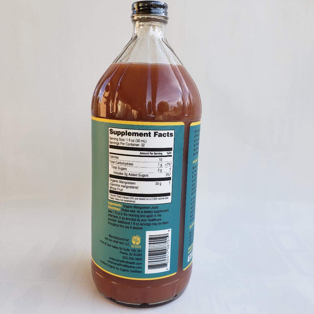 Organic Only MANGOSTEEN 100% Pure Juice 32oz (1qt) Xanthone, Pericarp, Vitamin & Antioxidant Rich Liquid Fruit Puree 30g of Whole Superfruit Per