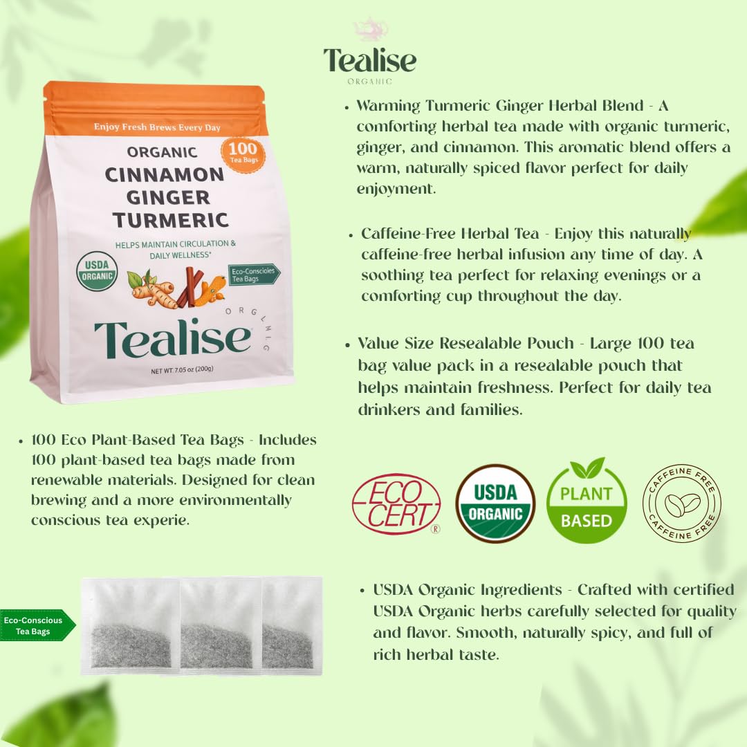 Organic Turmeric Ginger Cinnamon Herbal Tea Bags - Turmeric Ginger Herbal Tea - Caffeine Free Herbal Tea - 100 Plant-Based Tea Bags - USDA Organic