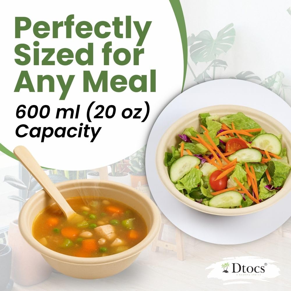 Dtocs Bamboo Fiber Disposable Bowls - 20 Oz, 50 Pk | Bamboo Round Bowl | Microwavable Bagasse Bowl like Soup, Cake, Salsa, Salad bowls | Disposable