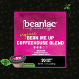beaniac Organic Bean Me Up Coffeehouse Blend, Medium Roast, Single Serve Compostable K Cup Coffee Pods, Organic Arabica Coffee, Keurig Brewer