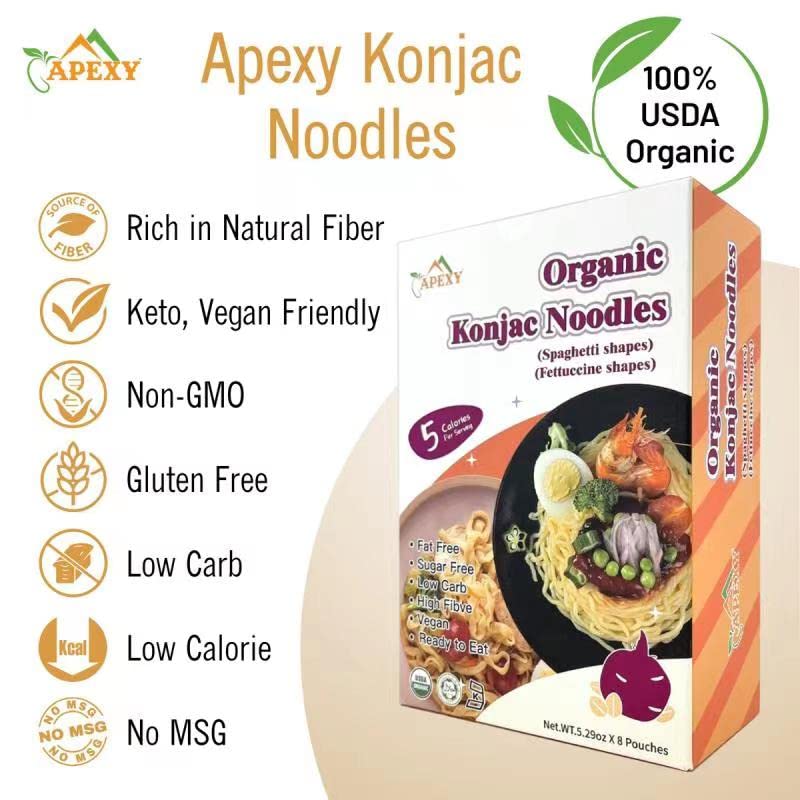 Apexy Organic Shirataki Konjac Noodle with Organic Oat Flour 42.24oz 8 Pouches Inside Healthy Diet, Low Calorie, Low-Carb Gluten Free, Vegan, Keto