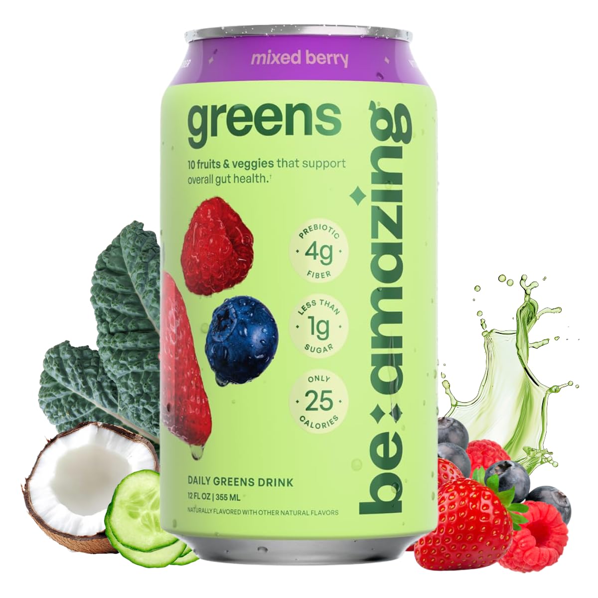 Be Amazing Greens Drink, Mixed Berry, Ready to Drink, 10 Organic Fruits & Vegetables, Coconut Water, Vitamin C, Prebiotic Fiber, 25 Calories, Low