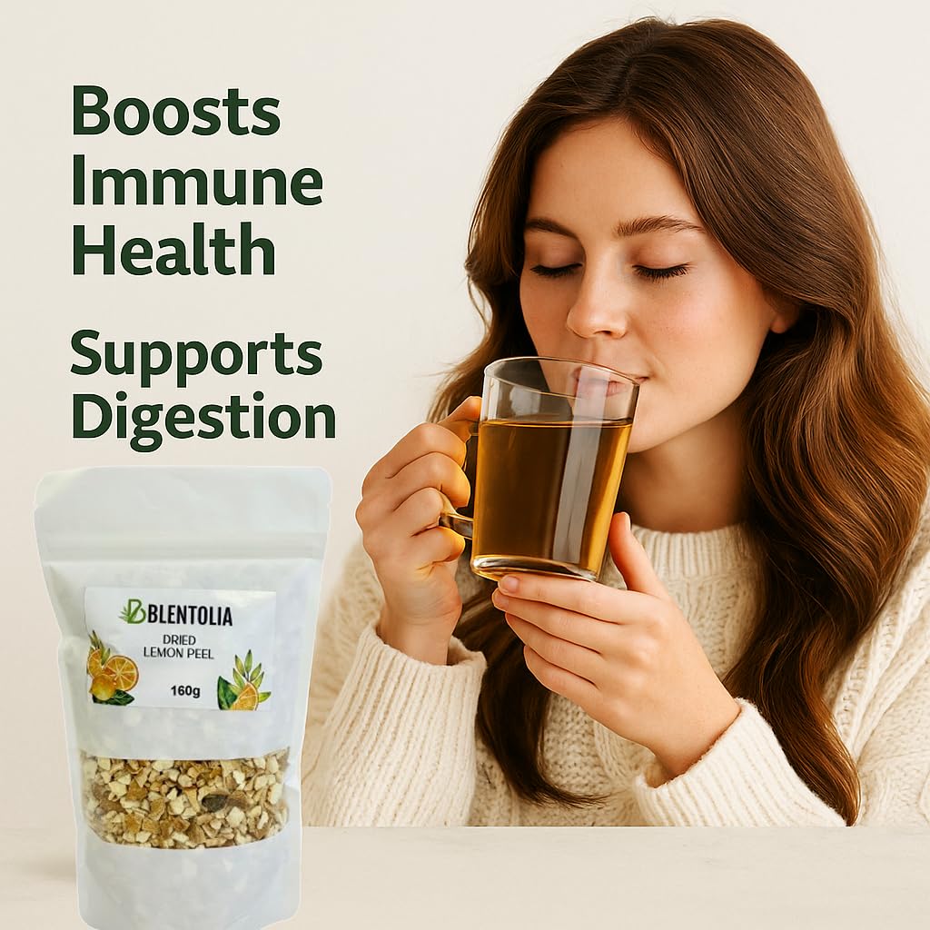 Blentolia Dried Lemon Peel - 100% Natural, Sun-Dried, Zesty Lemon Flavor - Ideal for Herbal Teas, Baking, Cooking & DIY Skincare - 160g Resealable