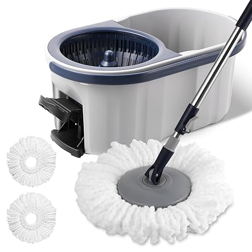 Spin Mop and Bucket System with180-Degree Rotating Head Telescopic Handle Dual Chamber Bucket Floor Cleaning Set with 3 Mop Refills Dual-Function