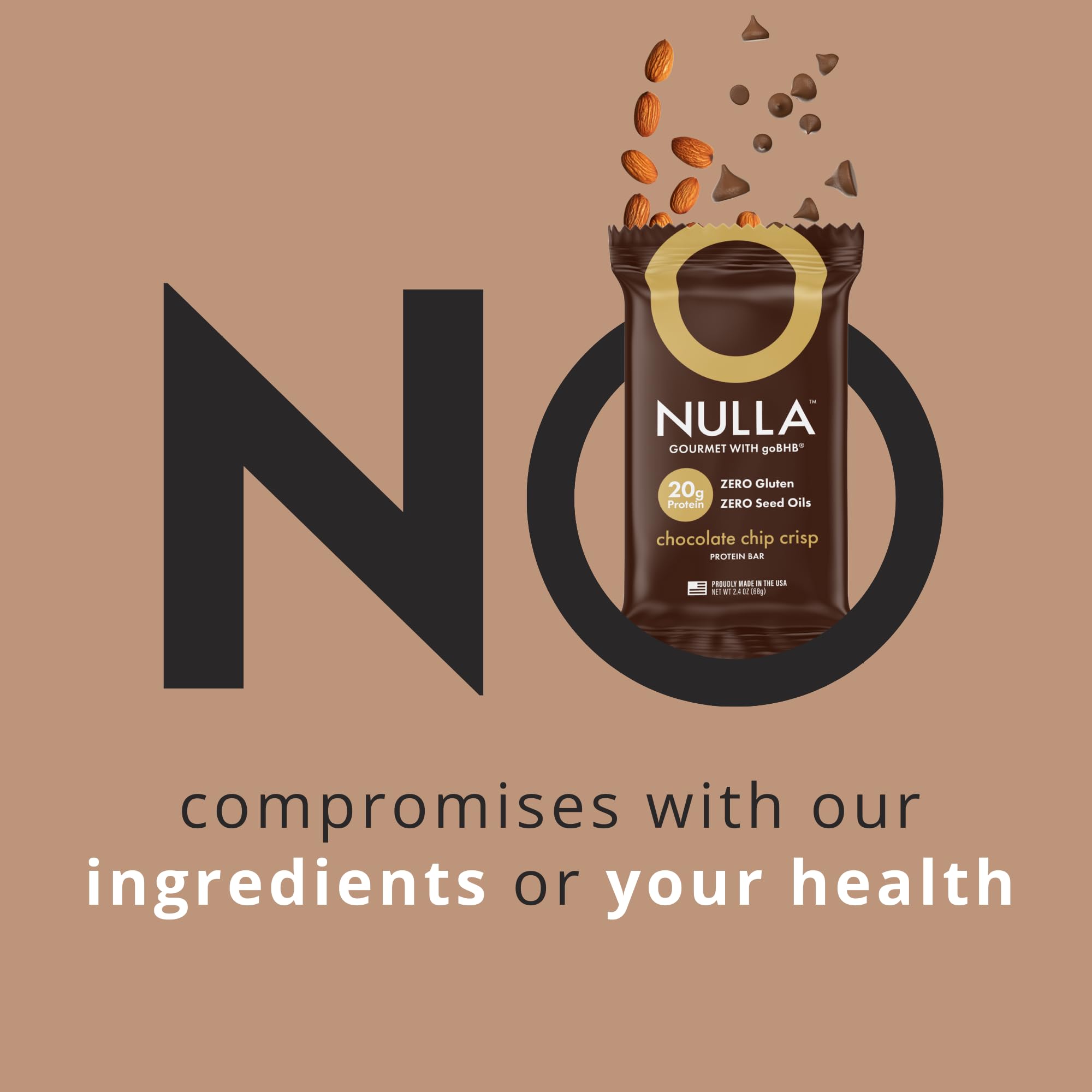 Nulla Gourmet Protein Bar with goBHB & Honey - Chocolate Chip Crisp - 20g Protein, Zero Seed Oils, Gluten Free, Dual-Fuel Performance Energy Snack