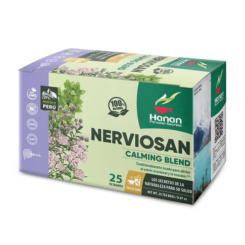 Hanan Peruvian Secrets Nerviosan Herbal Tea | 100% Natural Calming Blend | 25 Tea Bags | Naturally Aids in Relieving Occasional Stress and Tension |