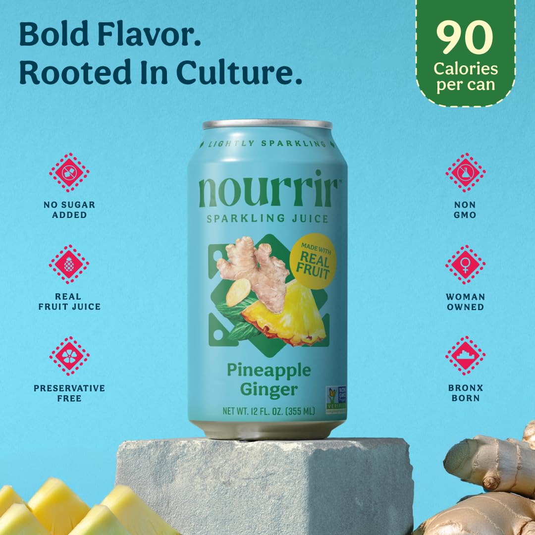 Nourrir Sparkling Pineapple Ginger Juice, Real Fruit, Tropical Zest & Spiced Warmth, Non-GMO, Gluten-Free, Non-Alcoholic, 90 cals, 0g Added Sugar