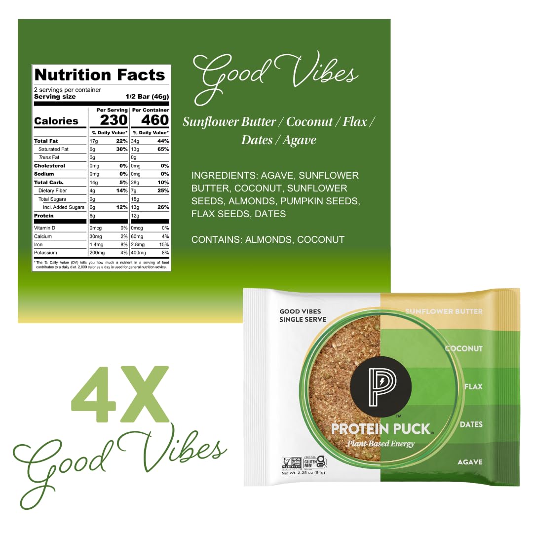 Protein Puck Plant Based Bars | Snacks with Vegan Protein | 16 Count | 3.25 oz Full Size | Gluten Free, Non Dairy, Kosher Certified Non GMO Premium