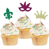 24 Pcs Mardi Gras Cupcake Toppers, Glitter Masquerade Masks Cupcake Toppers for Masquerade Mardi Gras Party Baby Shower Birthday Party Decorations