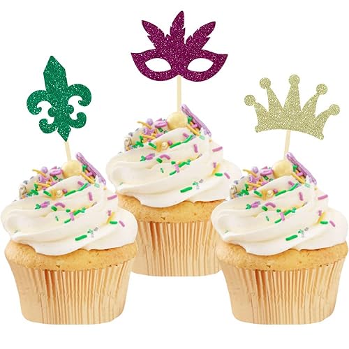 24 Pcs Mardi Gras Cupcake Toppers, Glitter Masquerade Masks Cupcake Toppers for Masquerade Mardi Gras Party Baby Shower Birthday Party Decorations