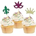 24 Pcs Mardi Gras Cupcake Toppers, Glitter Masquerade Masks Cupcake Toppers for Masquerade Mardi Gras Party Baby Shower Birthday Party Decorations