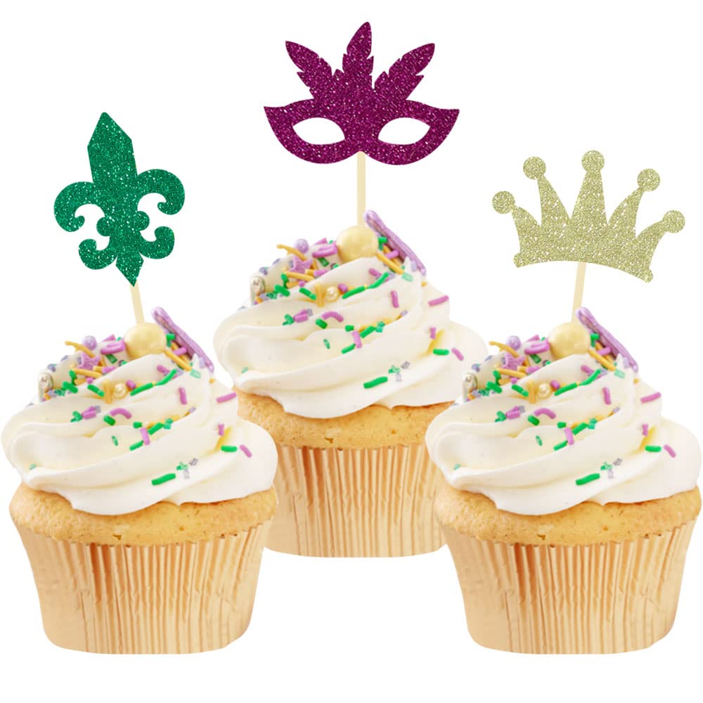 24 Pcs Mardi Gras Cupcake Toppers, Glitter Masquerade Masks Cupcake Toppers for Masquerade Mardi Gras Party Baby Shower Birthday Party Decorations