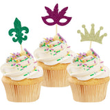 24 Pcs Mardi Gras Cupcake Toppers, Glitter Masquerade Masks Cupcake Toppers for Masquerade Mardi Gras Party Baby Shower Birthday Party Decorations