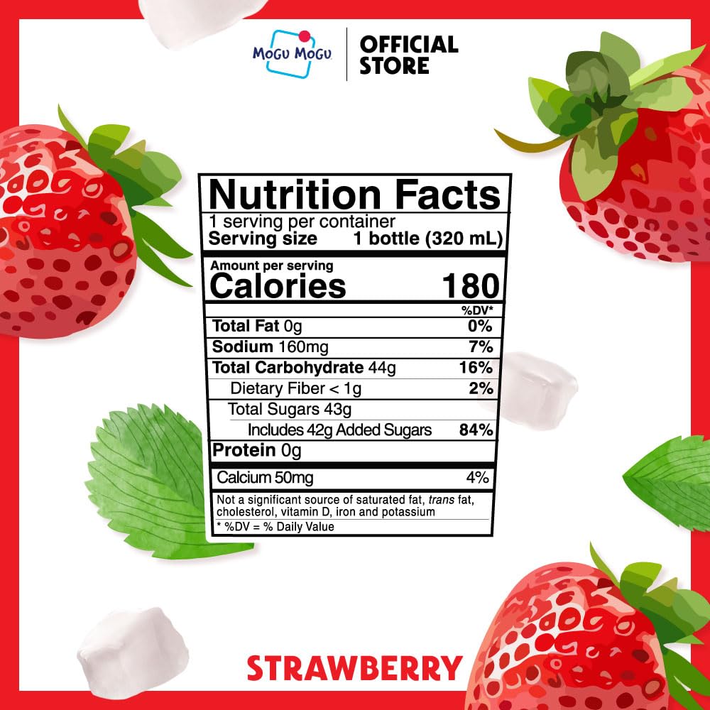 Mogu Mogu Strawberry Juice Drink with Nata de Coco (Coconut Jelly) - Chewy Fruit Beverage for Kids & Adults, 6 Pack Bottles, 10.82 fl oz Each