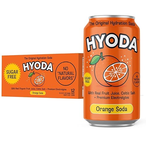 HYODA Orange Soda, Gluten Free and Vegan Sparkling Electrolyte Drink, Made with Organic Orange Juice, Celtic Salt, and Calcium, Keto, Zero Sugar
