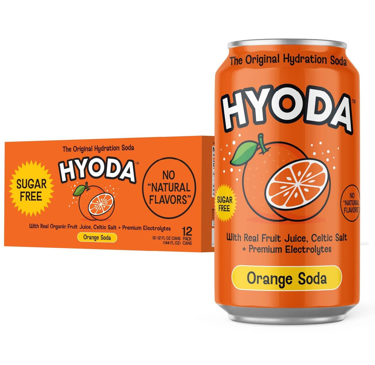 HYODA Orange Soda, Gluten Free and Vegan Sparkling Electrolyte Drink, Made with Organic Orange Juice, Celtic Salt, and Calcium, Keto, Zero Sugar
