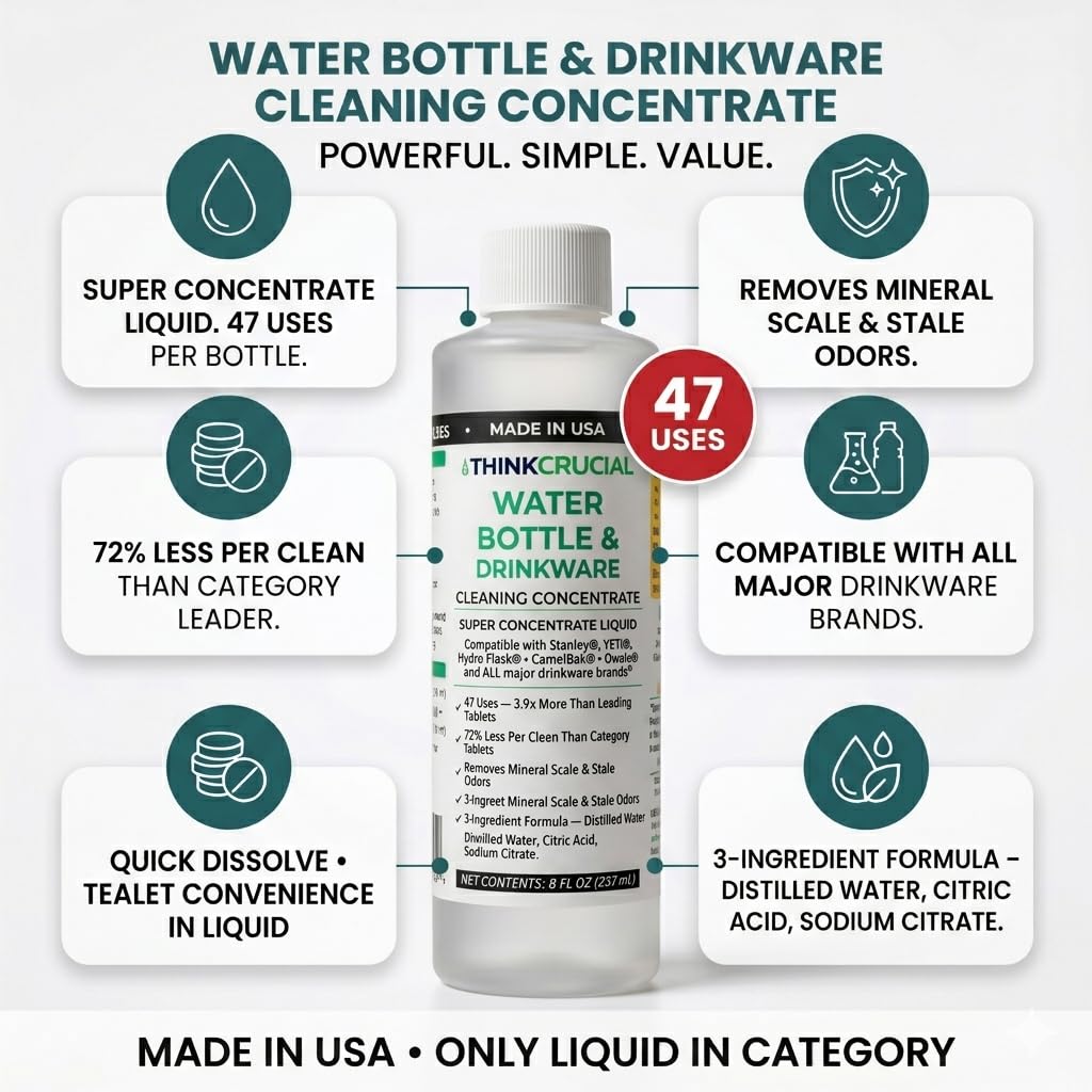 Think Crucial Bottle Blaster - 47-Use Water Bottle Cleaning Concentrate - Made in USA - Compatible with Stanley, YETI, Hydro Flask, CamelBak - 8 oz