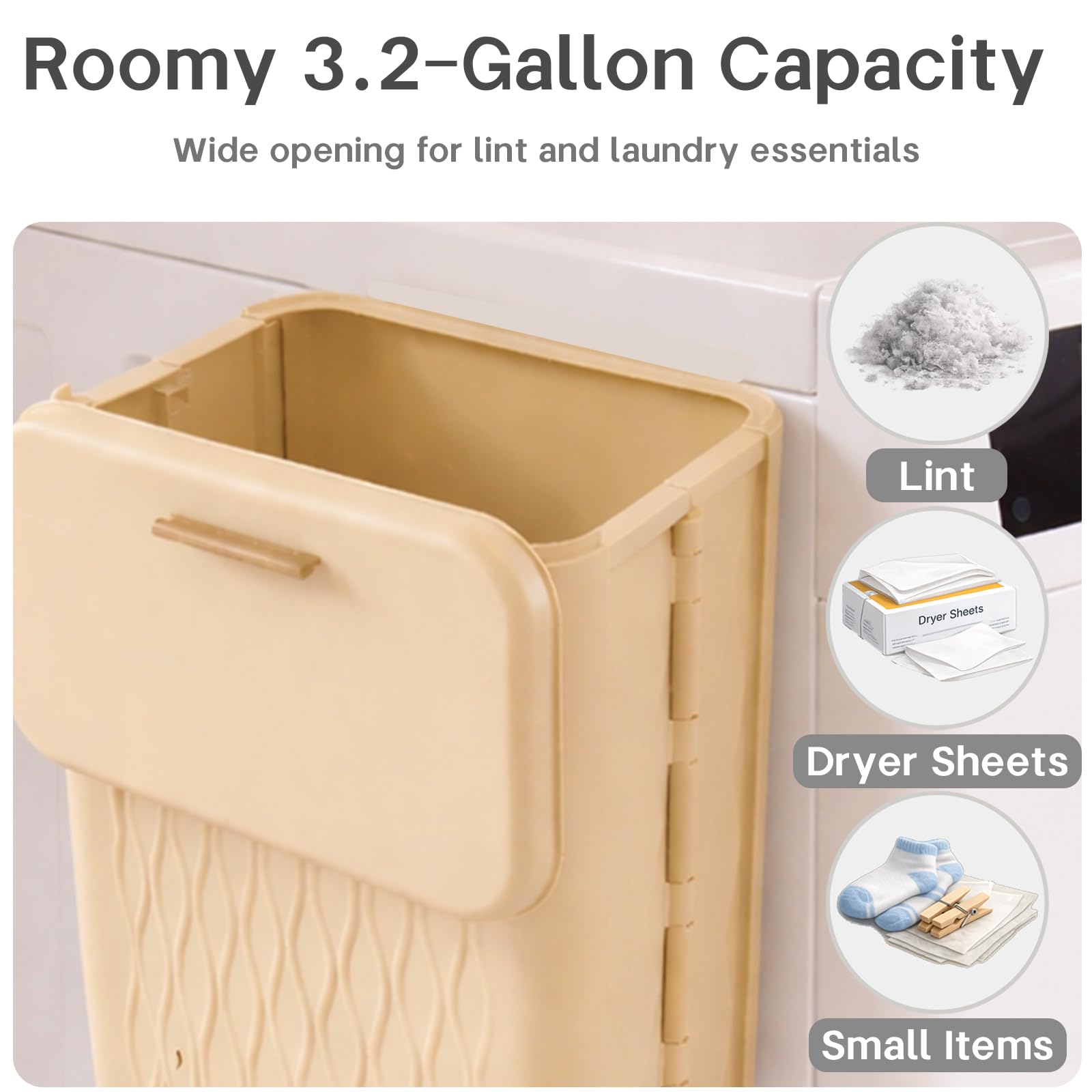 Giznity Magnetic Lint Bin for Laundry Room, Extra Large Foldable Lint Trash Can with Lid and Dryer Lint Brush, Wall Mounted Laundry Room Organization