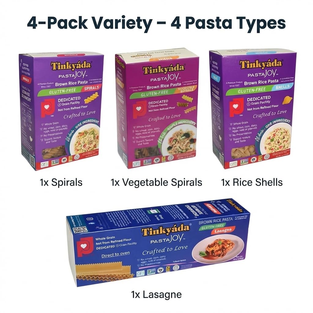 4-Pack Tinkyada Brown Rice Pasta - Spirals, Vegetable Spirals, Rice Shells & Lasagne - Gluten-Free, Non-GMO, Vegan, Perfect for Family Meals, Events