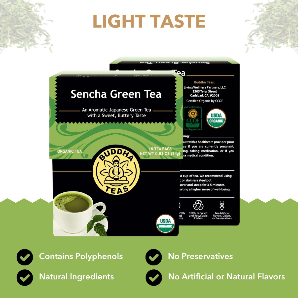 Buddha Teas - Organic Sencha Green Tea - For Health & Wellbeing - Japanese Green Tea - With Antioxidants & Minerals - Clean Ingredients - Caffeinated