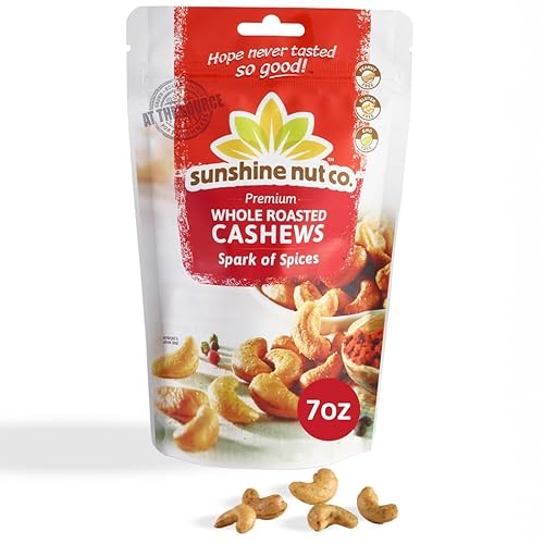 Sunshine Nut Company Whole Roasted Cashews, Spark of Spices Flavor, Single 7 oz. Bag, Gluten Free, Peanut Free and Vegan Individual Snack Packs