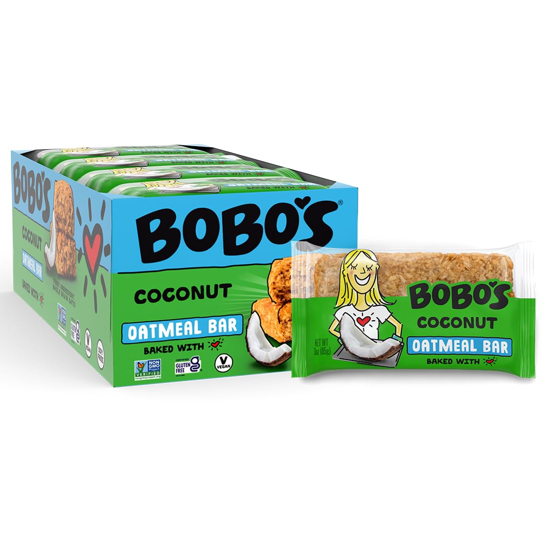 Bobo's Coconut Oat Bars, Simple Ingredients, Whole Grain Oats, Plant Based, Gluten Free Breakfast Bars, Non-GMO, Healthy Snacks for Adults & Kids (12